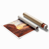 Desert landscape rolled print showcasing vibrant oranges and deep blues, featuring a serene sunset over sand dunes, designed for wall decor enthusiasts.