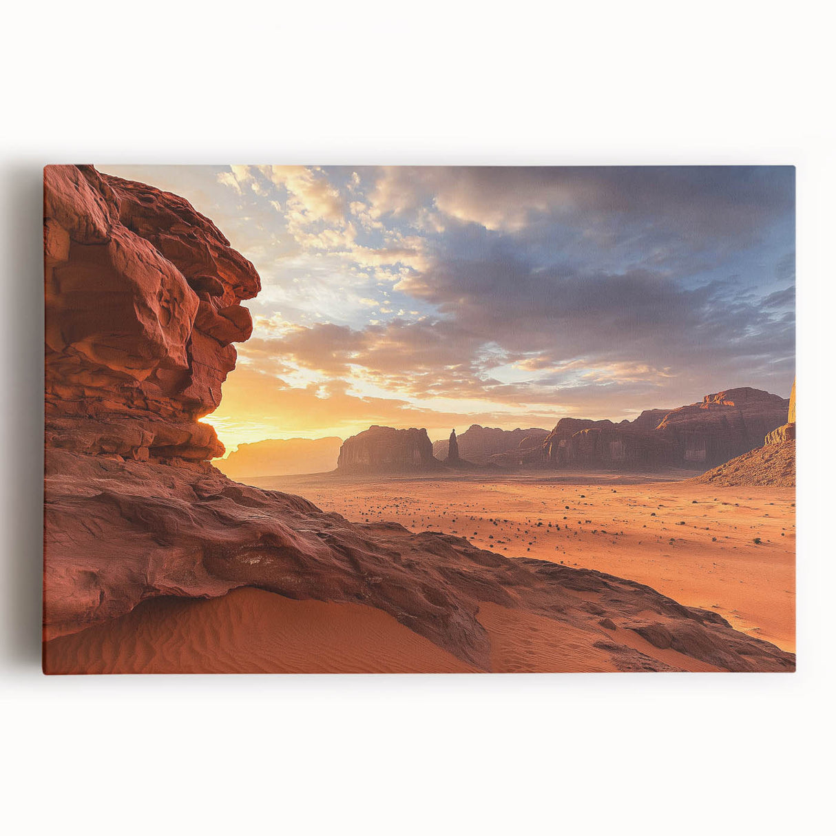 Stretched canvas artwork showcasing a vibrant desert landscape with golden sand dunes, deep blue sky, and scattered cacti, perfect for home decor.