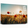 Acrylic glass artwork displaying a vibrant landscape of rolling fields in vivid colors, mounted with pins for a modern presentation, ideal for home decor.