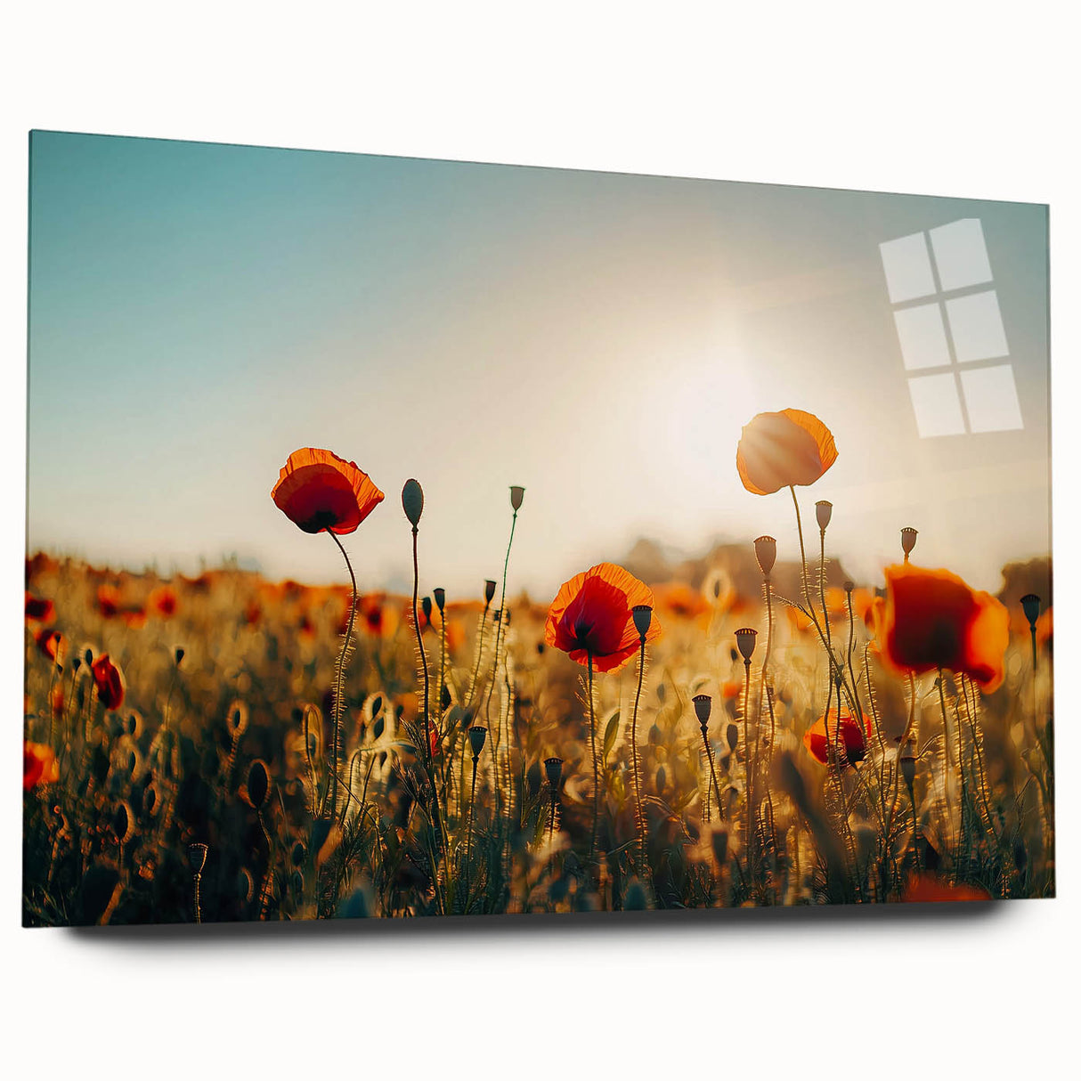 Acrylic glass art piece showcasing a vibrant landscape of rolling green fields and blue skies, viewed from the side without pins, ideal for modern home decor.