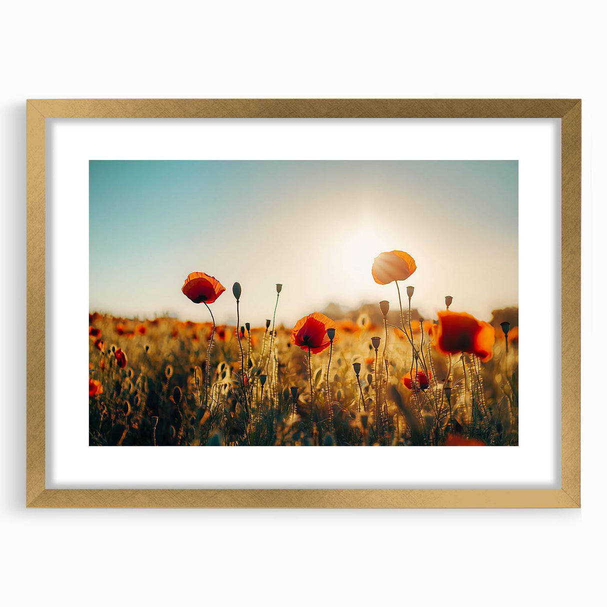 Elegant landscape artwork framed in gold, featuring vibrant fields and a mat border, ideal for enhancing home decor with a touch of sophistication.