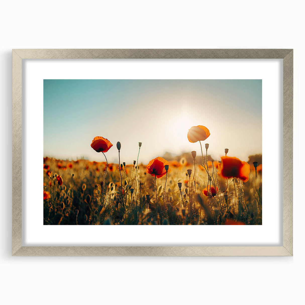 Framed landscape artwork showcasing a serene field scene, elegantly matted with a silver frame, perfect for home or office decor enhancement. Ideal for nature lovers seeking stylish wall art.