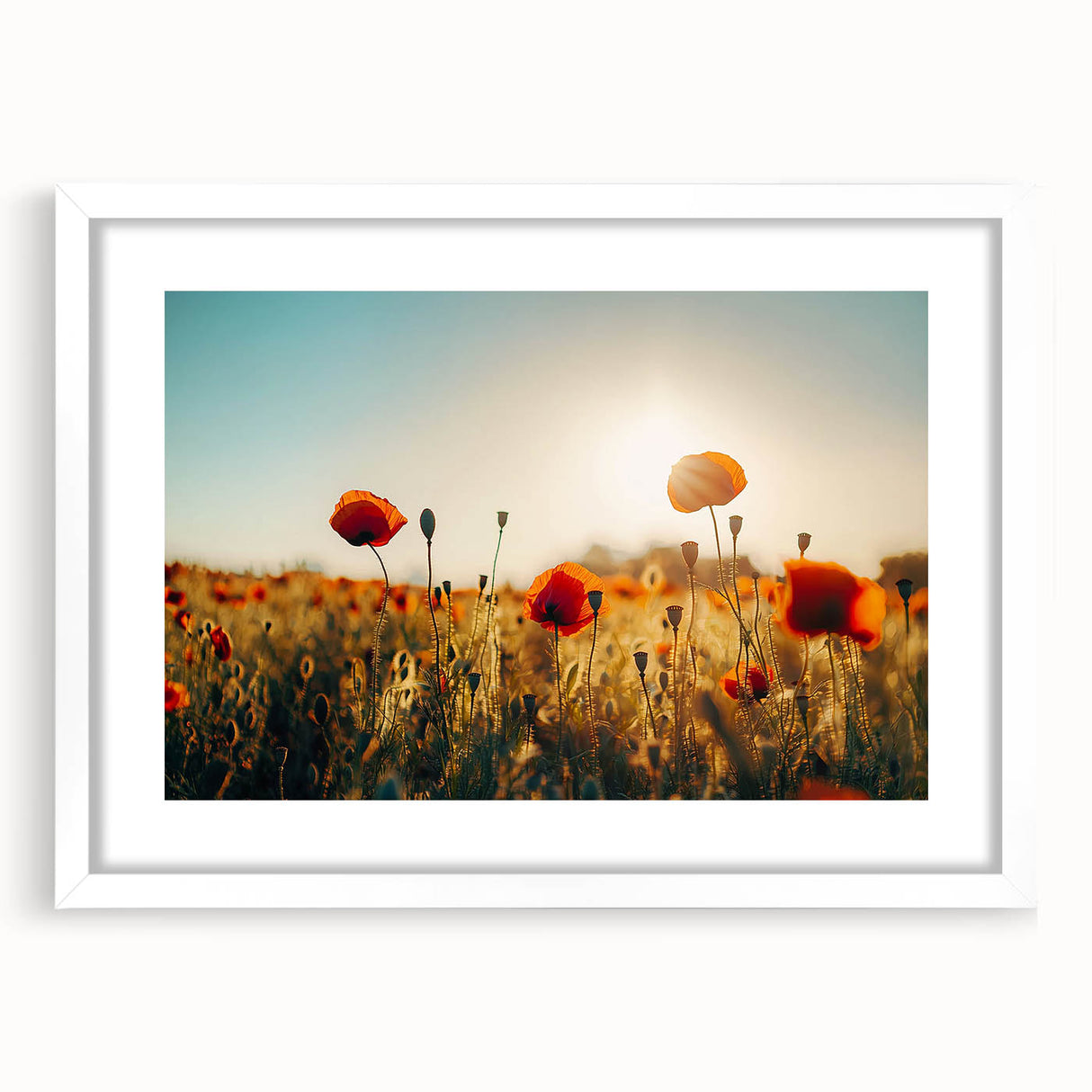 Framed landscape artwork showcasing a vibrant field scene with a white mat, perfect for home decor, available in a stylish front view presentation.