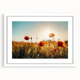 Framed landscape artwork showcasing a vibrant field scene with a white mat, perfect for home decor, available in a stylish front view presentation.
