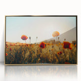 Framed acrylic artwork showcasing a vibrant landscape of golden fields under a blue sky, perfect for home decor and enhancing interior aesthetics.