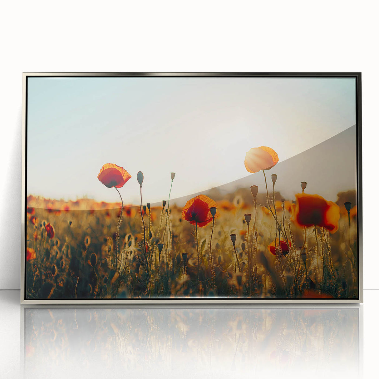 Framed acrylic artwork depicting a serene landscape with lush green fields under a clear blue sky, highlighting nature's beauty in a contemporary setting.