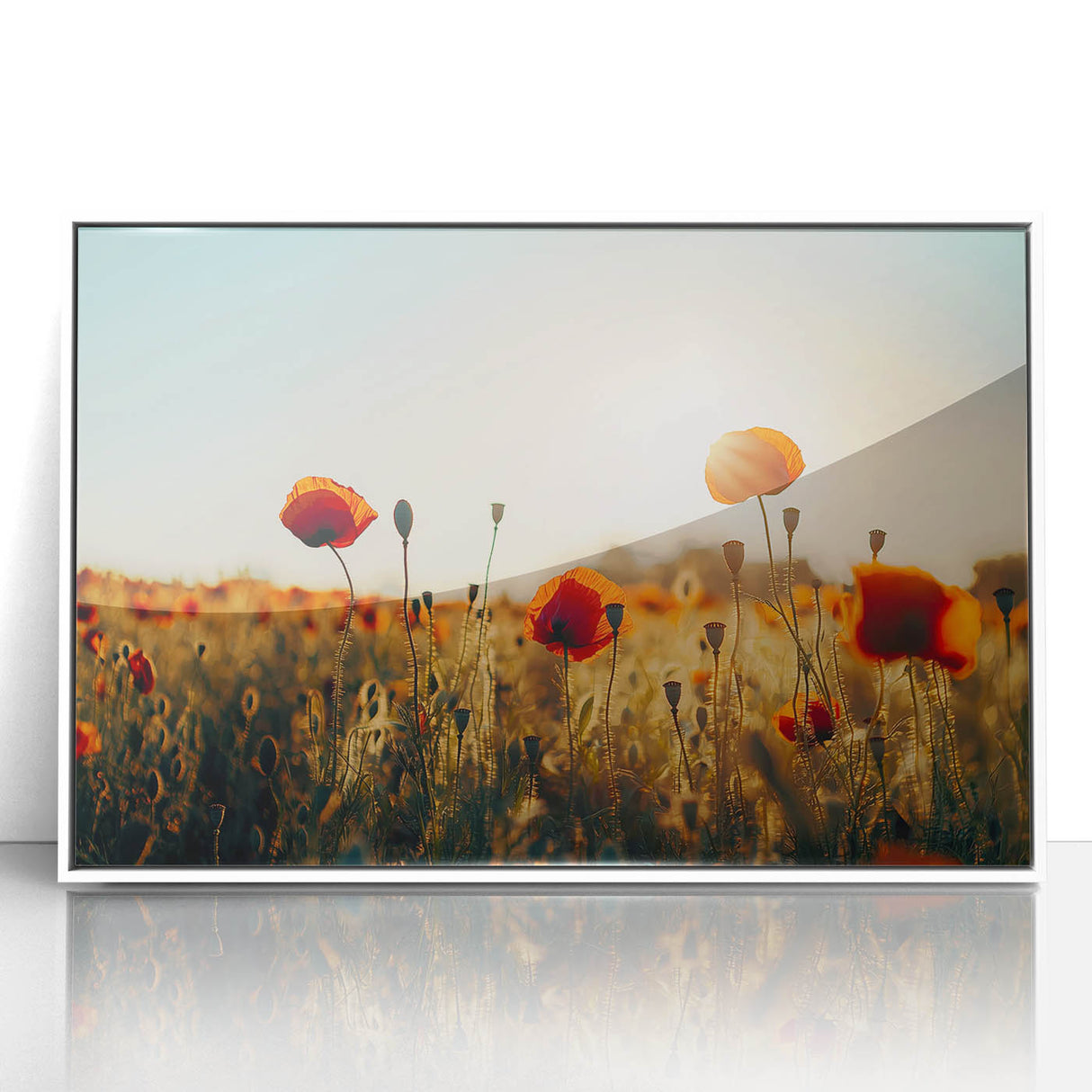 Framed acrylic landscape artwork depicting vibrant green fields under a bright blue sky, presented in a sleek white frame, ideal for home decor.