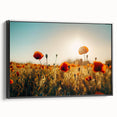 Framed canvas artwork showcasing a serene landscape of lush green fields under a bright blue sky, featuring a sleek black frame that enhances its aesthetic appeal. Ideal for home decor or office spaces to bring a touch of nature indoors.