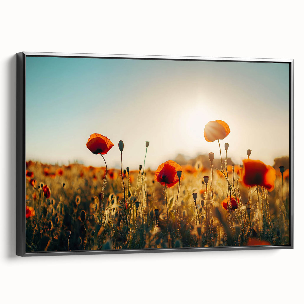 Framed canvas artwork showcasing a serene landscape of lush green fields under a bright blue sky, featuring a sleek black frame that enhances its aesthetic appeal. Ideal for home decor or office spaces to bring a touch of nature indoors.