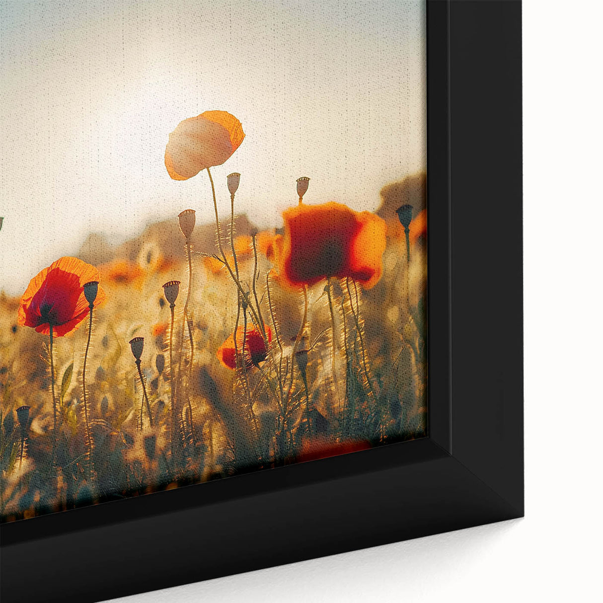 Close-up of a framed canvas showcasing a vibrant landscape design with lush green fields and a clear blue sky, ideal for home decor and artistic displays.