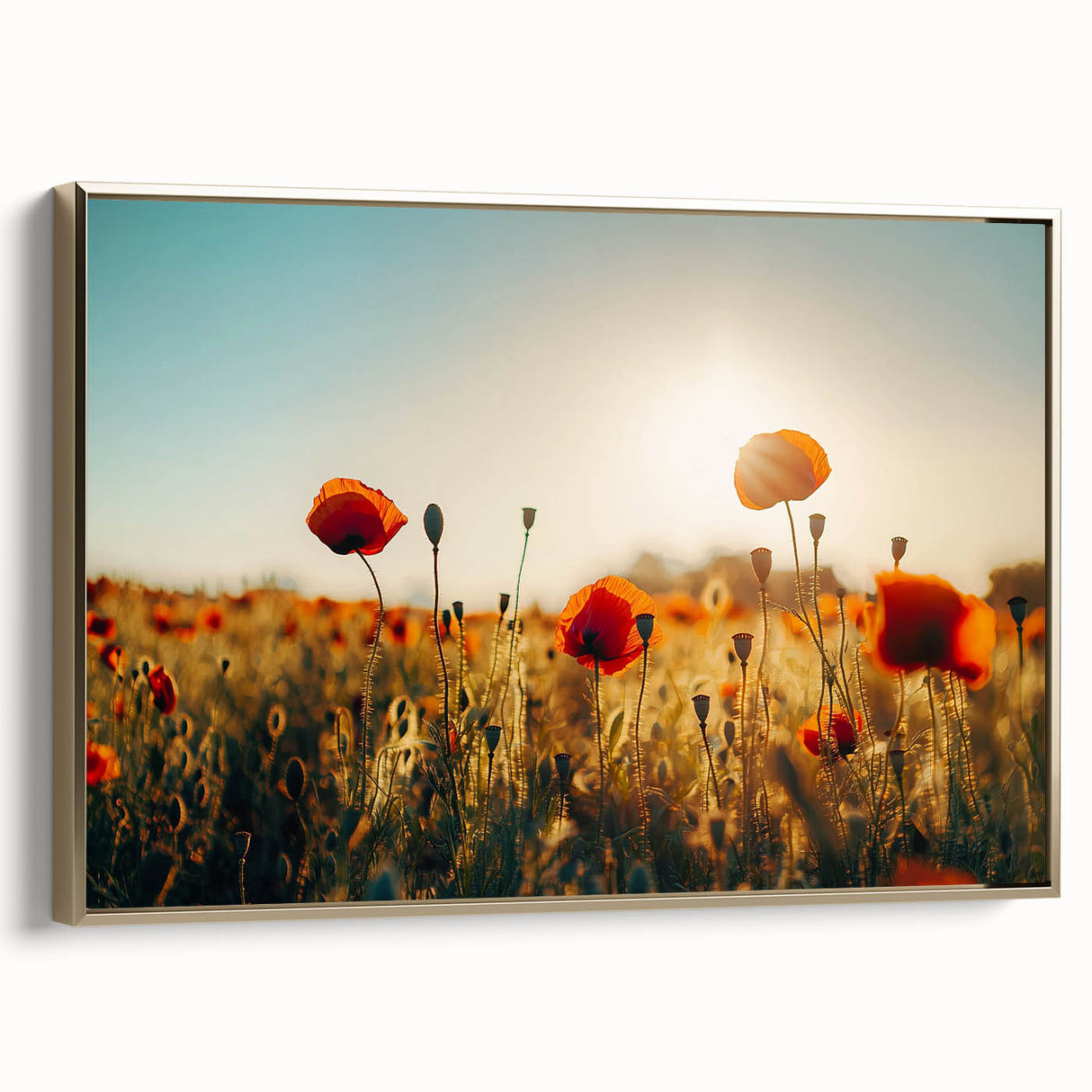 Framed canvas artwork depicting a serene landscape with golden hues, showcasing rolling fields under a clear sky, perfect for home decor enhancement.