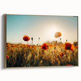 Framed canvas artwork depicting a serene landscape with golden hues, showcasing rolling fields under a clear sky, perfect for home decor enhancement.