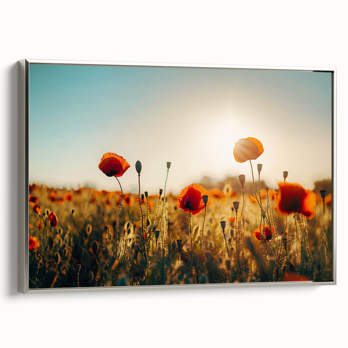 Framed canvas artwork showcasing a serene landscape of lush fields with a silver frame, ideal for enhancing home decor and creating a peaceful ambiance.