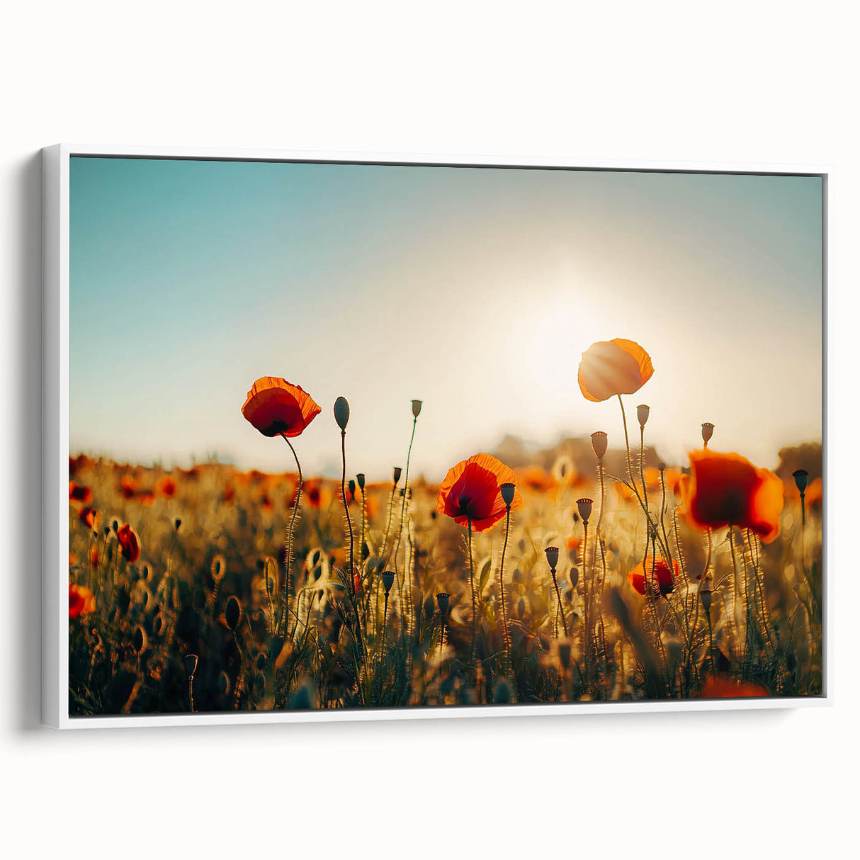 Framed canvas artwork showcasing a serene landscape of rolling fields under a clear blue sky, accented by a sleek white frame, ideal for home decor.