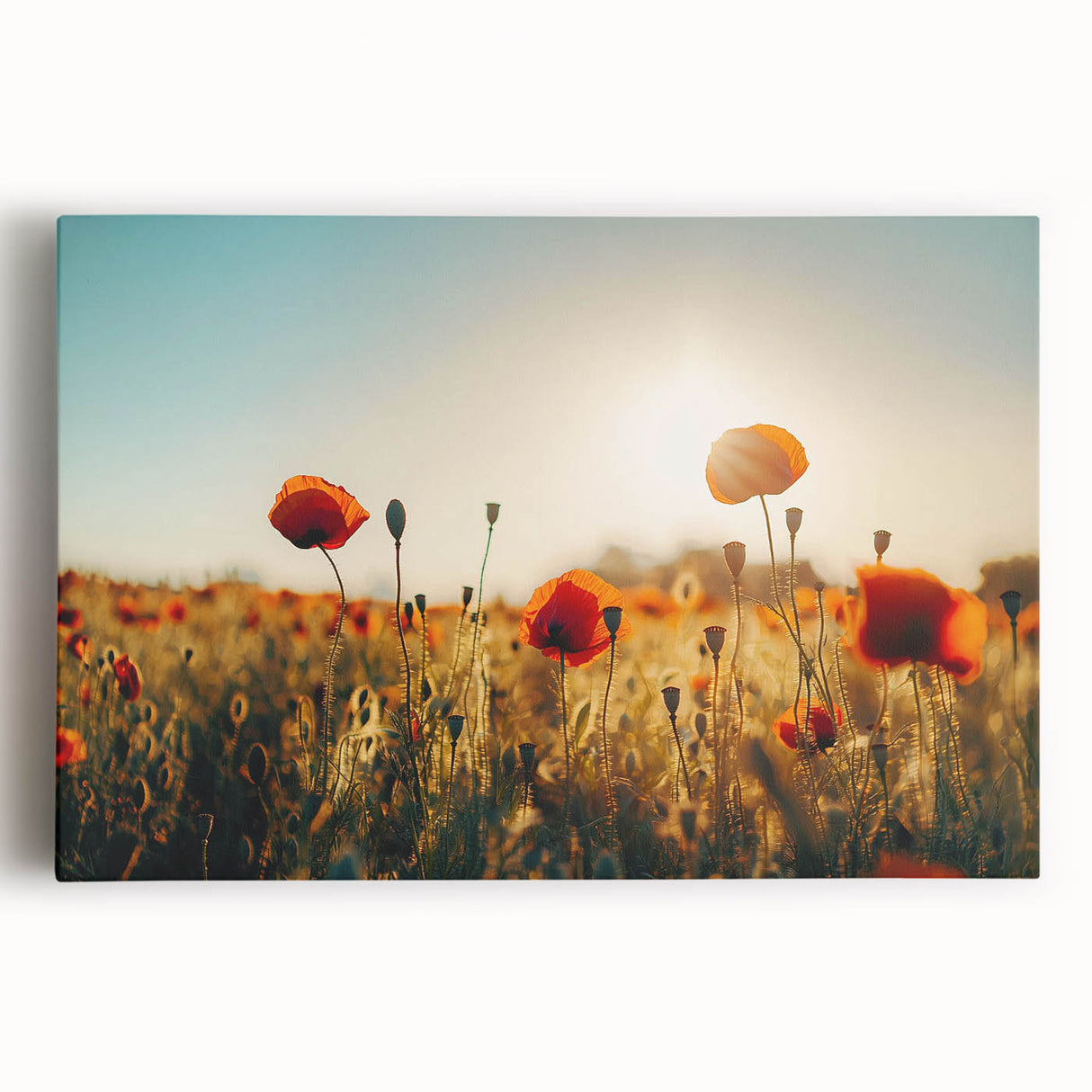 Vibrant stretched canvas artwork depicting serene green fields under a blue sky, ideal for home decor or office ambiance, showcasing nature's tranquility.