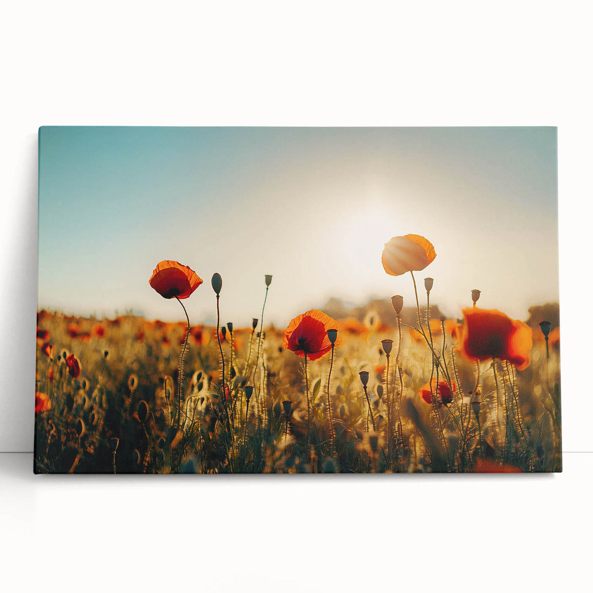 Vibrant stretched canvas artwork depicting serene landscapes and fields, showcasing rich green hues and soft golden tones, perfect for home decor enhancement.