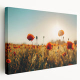 Stretched canvas artwork depicting vibrant landscape fields in rich green and gold hues, showcasing serene nature scenery, ideal for home decor.