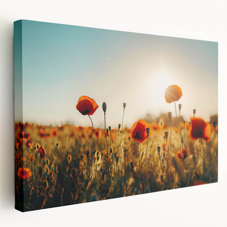 Stretched canvas artwork depicting vibrant landscape fields in rich green and gold hues, showcasing serene nature scenery, ideal for home decor.