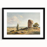 Black-framed landscape artwork with a white mat, showcasing serene mountainous scenery, ideal for home decor and interior design enthusiasts.