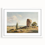 Elegant white-framed landscape art print featuring a serene mountain view with soft blue skies, ideal for home decor and interior design enhancement.