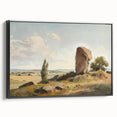 Framed canvas artwork showcasing a serene landscape in rich colors, featuring a black frame and side view perspective, perfect for home decor enhancement.