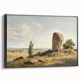 Framed canvas artwork showcasing a serene landscape in rich colors, featuring a black frame and side view perspective, perfect for home decor enhancement.