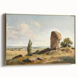 Framed canvas artwork showcasing a vibrant landscape design with gold accents, elegantly displayed in a modern setting, perfect for home decor enhancement.