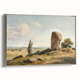 Framed canvas artwork displaying a serene landscape with vibrant colors, silver frame accentuating the scene, ideal for home décor in modern interiors.