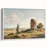 Framed canvas print showcasing a serene landscape design with vibrant colors, displayed from a white side view, ideal for home decor.