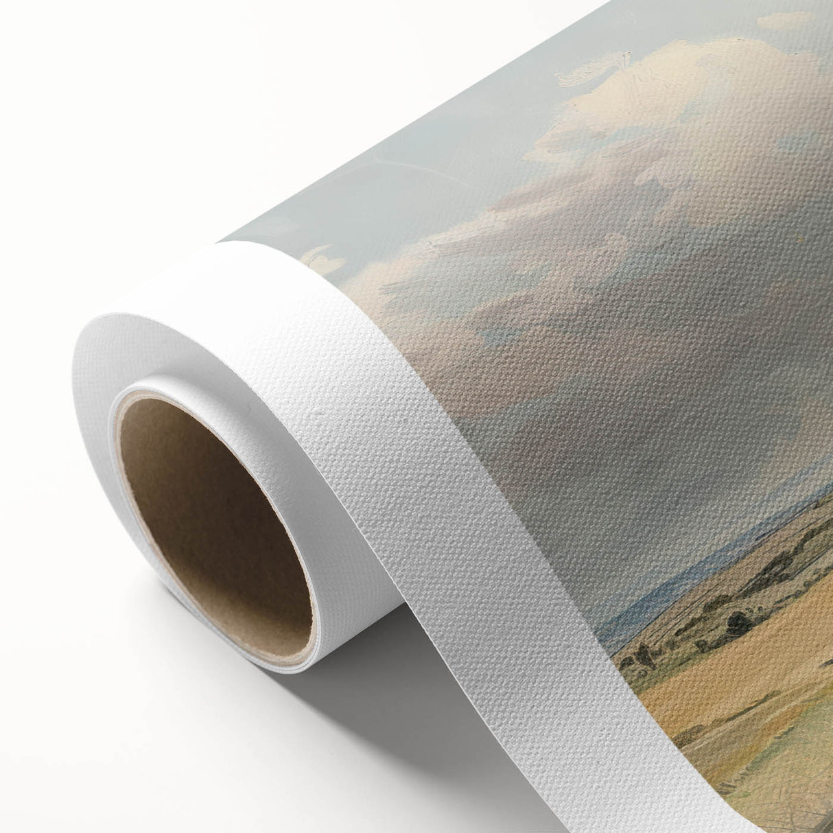 Rolled canvas showcasing a vibrant African landscape design with rich colors and intricate details, elegantly packaged in a protective cardboard tube for safe shipping.