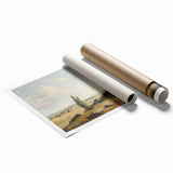 Vibrant rolled print showcasing a serene landscape scene with lush greenery and a tranquil river, elegantly packaged in a protective cardboard tube for safe delivery.