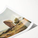 Vibrant rolled landscape print showcasing a serene mountain scene with lush green valleys and a clear blue sky, elegantly packaged in a protective cardboard tube for shipping.