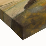 Close-up of a vibrant stretched canvas artwork depicting a serene landscape with lush greenery and soft, rolling hills. The rich colors and intricate details enhance the overall aesthetic, making it an ideal decor piece for nature lovers and art enthusiasts.