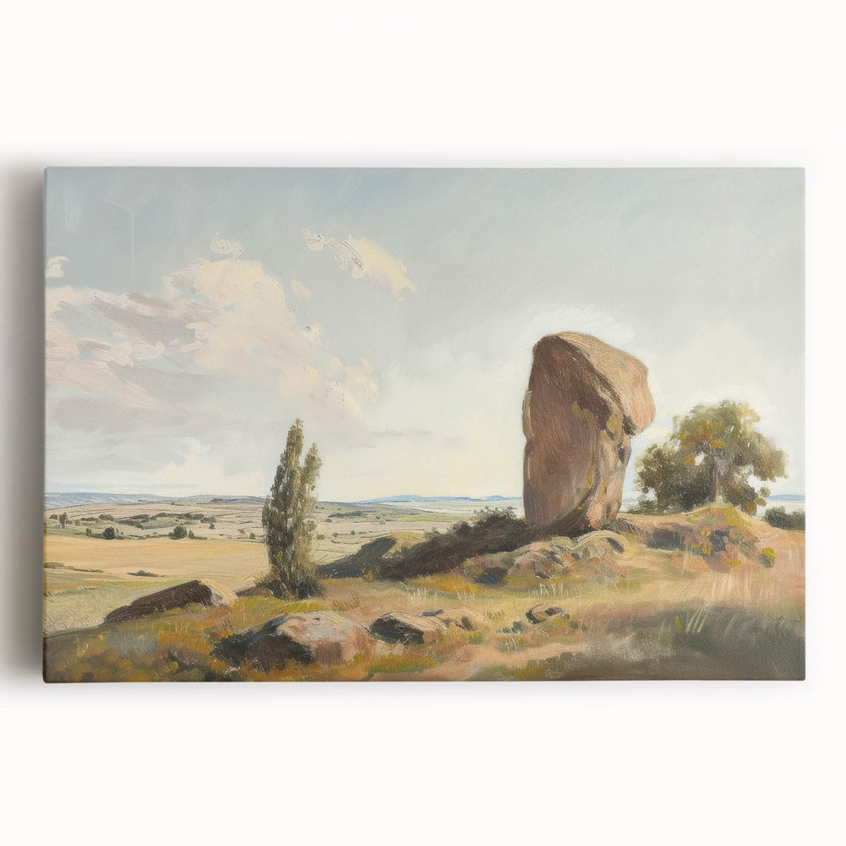 Stretched canvas artwork depicting a vibrant landscape scene, featuring lush greenery and a serene sky, perfect for home or office decor.