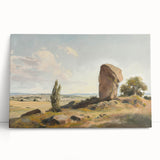 Stretched canvas artwork showcasing a serene landscape with vibrant colors, leaning against a neutral wall, perfect for home decor and interior design enhancement.