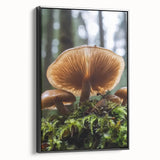 Black and white landscape art painting on framed canvas, featuring a vintage poster-style floral design.