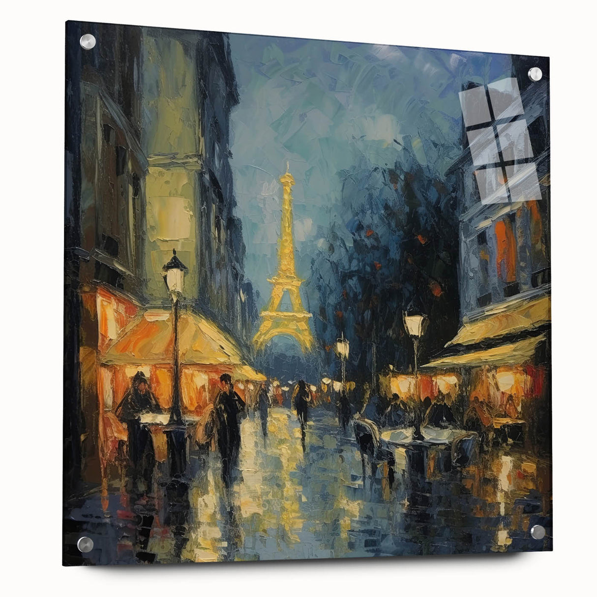 Acrylic print of a Paris street scene in muted earth tones, suitable for bedroom or dining room decor.