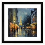 Extra large abstract art print of a colorful Parisian scene, textured on a black framed canvas.