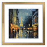 Abstract art print of Paris scenery in muted gold and blue tones, framed with a mat, ideal for dining room decor.