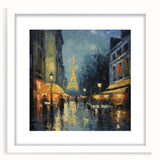 Textured art depicting an abstract Paris skyline in muted gray and blue tones, framed with a white mat.