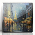 Large abstract wall art depicting a Parisian scene in muted gray and blue tones on a framed acrylic.