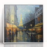 Mid-century modernist art depicting the Eiffel Tower in muted gray and blue tones on a framed acrylic print.