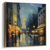 Framed canvas of a vintage Paris landscape in black and gold tones, ideal for bedroom wall art.