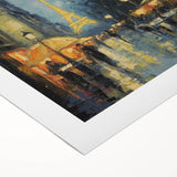 Art deco poster of Parisian scenery in muted gray and blue tones on rolled canvas, suitable for dining room decor.