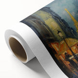 Art Deco poster of Paris scenery on rolled canvas, featuring muted pastel shades, ideal for nursery wall art or dining room.