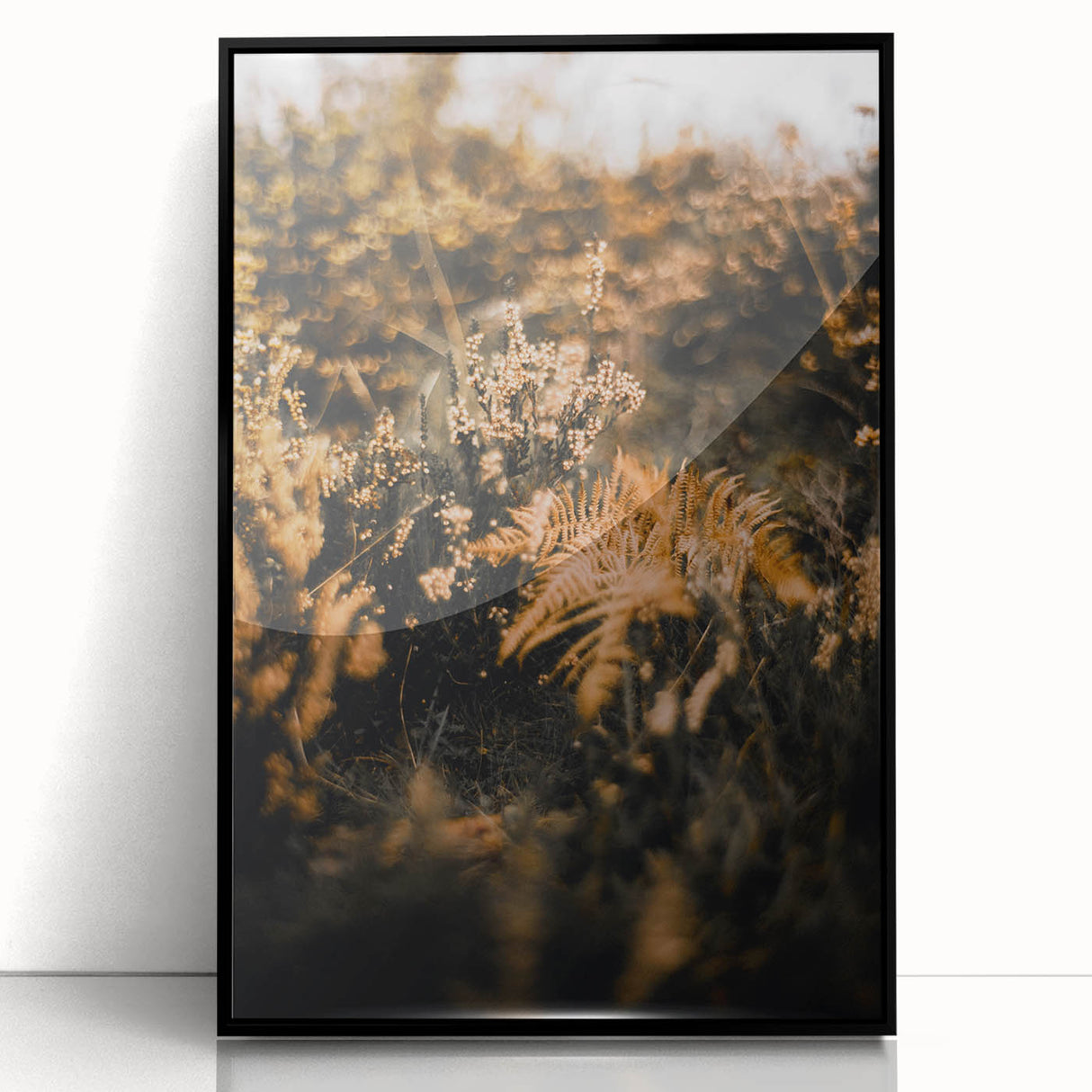 Large abstract wall art depicting autumnal hues on a framed acrylic print, suitable for modern living room decor.