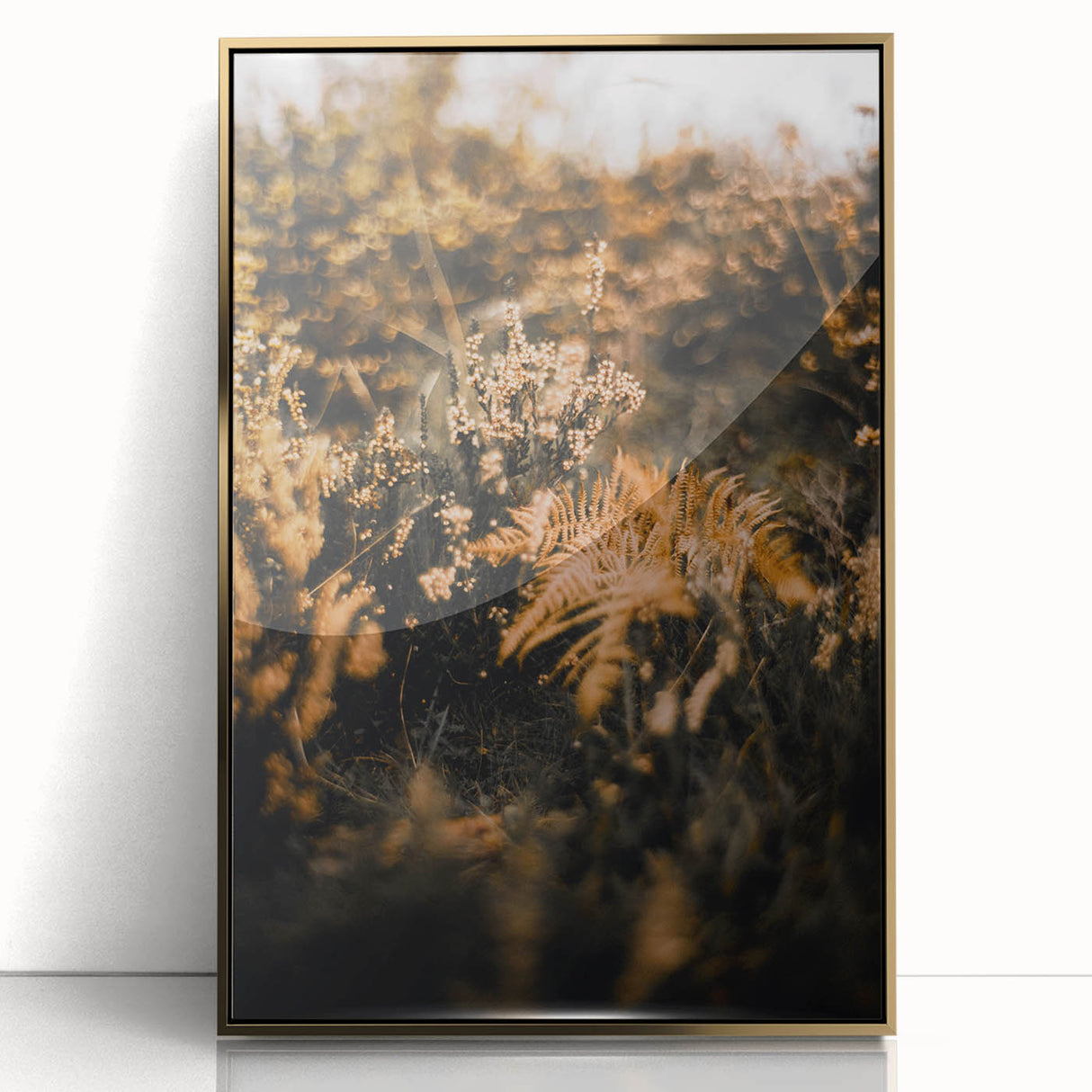 Large art print of a mid-century modernist fall scene in acrylic, framed in gold, ideal for nursery wall decor.