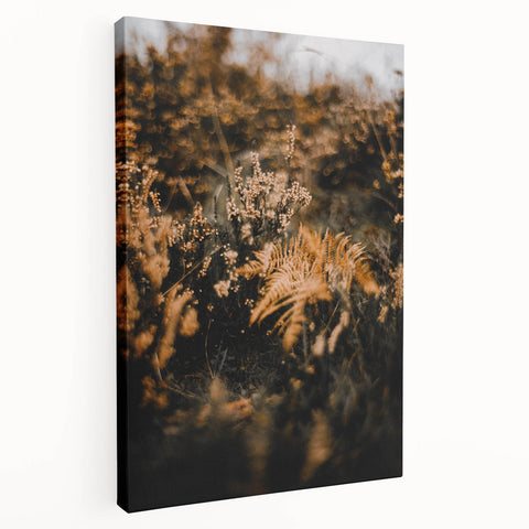 Large art depicting fall foliage in muted orange and brown tones on stretched canvas, ideal for kitchen wall decor.