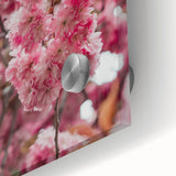 Large abstract wall art on acrylic glass depicting spring, in pastel shades, ideal for dining room ambiance.