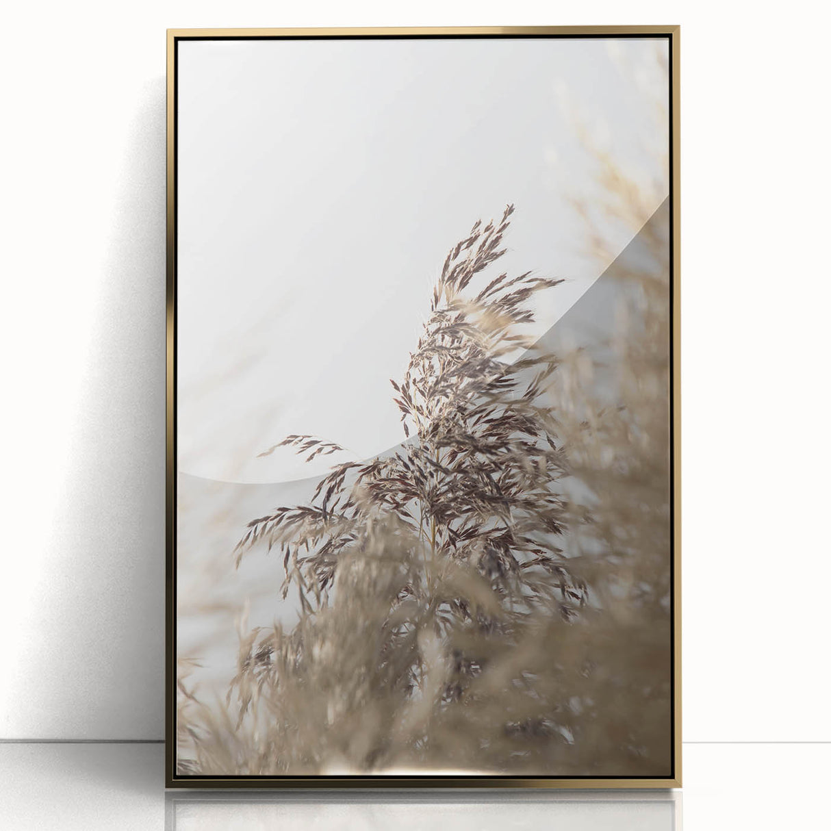 Large art print of a mid-century modernist summer scene in gold frame, ideal for nursery wall decor.